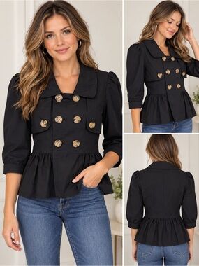 Priorities Woman Black Double Breasted Peplum Jacket Size Small Puff 3/4 Sleeve